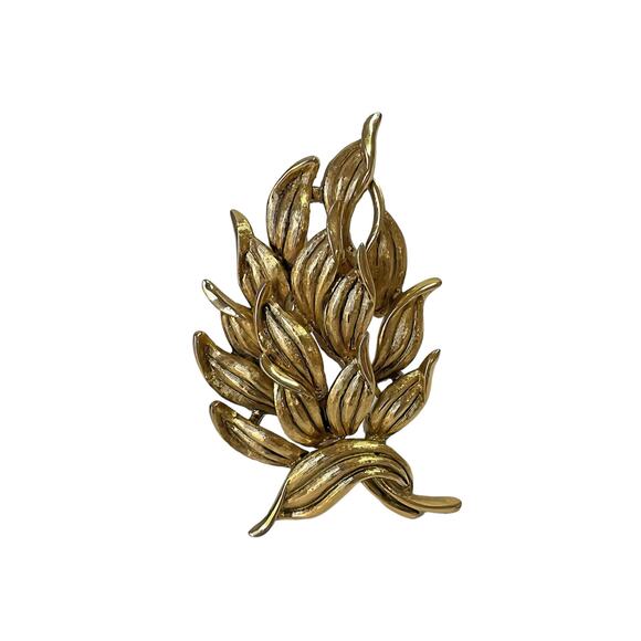 1970s Textured & Polished Gold Plate Vintage Leaf Leave Spray Figural Pin Brooch - Picture 1 of 4